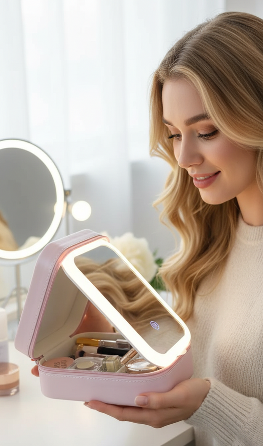 Vanity Makeup Bag with LED Mirror - حقيبة مكياج مع مرآة مضيئة